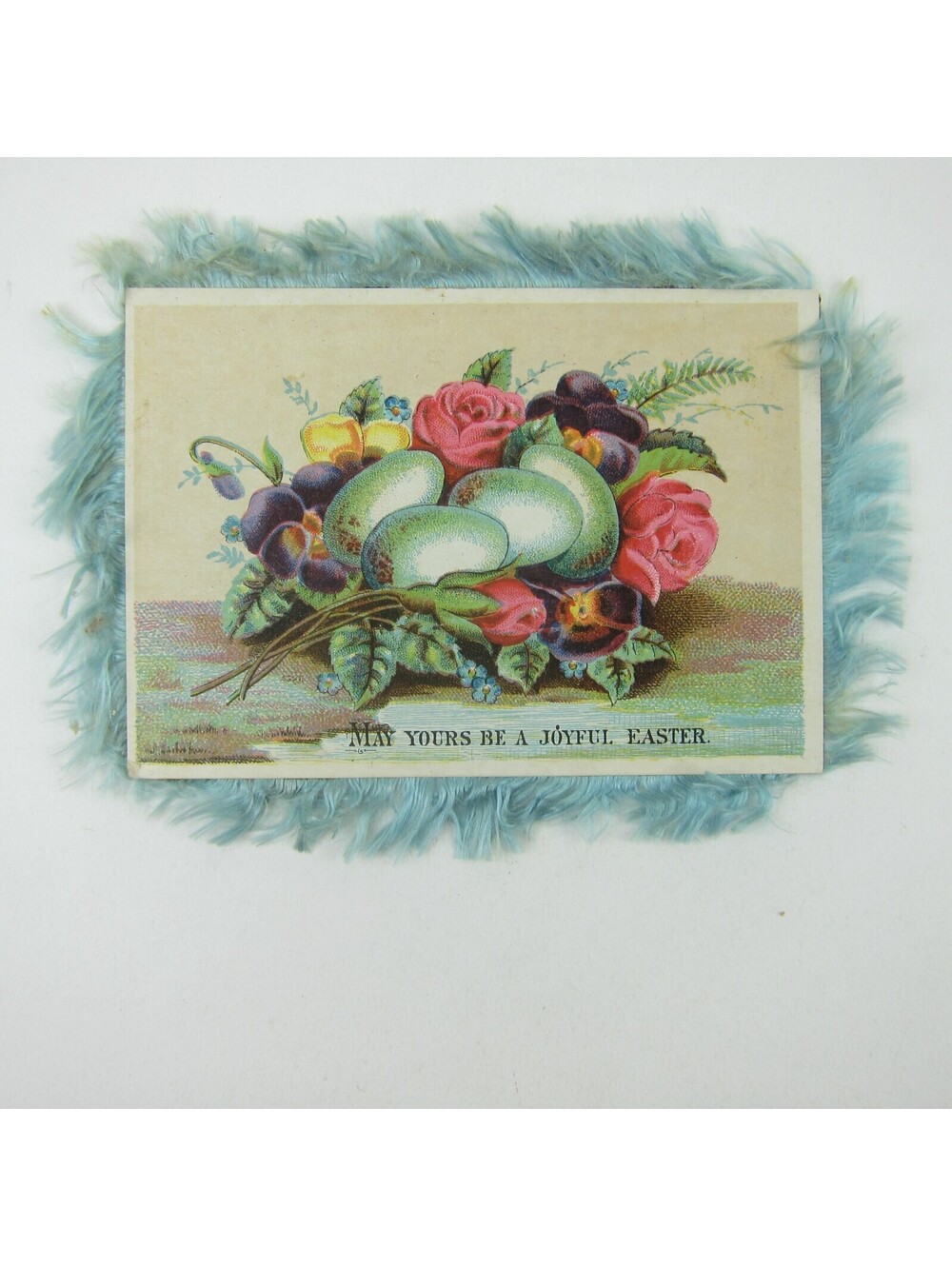 Victorian Greeting Card Easter Blue Silk Fringe Double Sided Flowers Egg Antique
